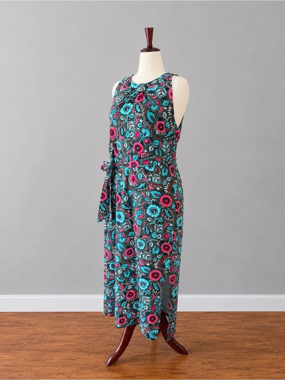 Talbots XL Sleeveless Floral Tie-Waist Maxi Dress in Green, Teal and Pink
